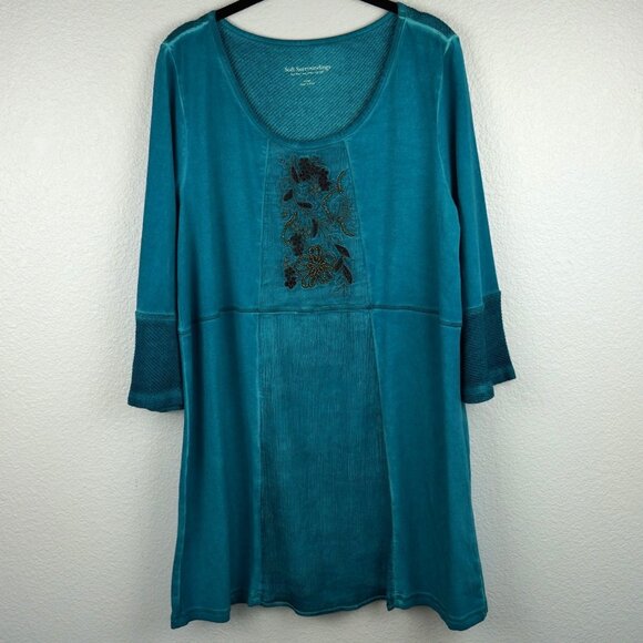 Soft Surroundings Teal Embroidered Beaded Tunic Dress Large‎ Boho Luxe - Picture 2 of 10